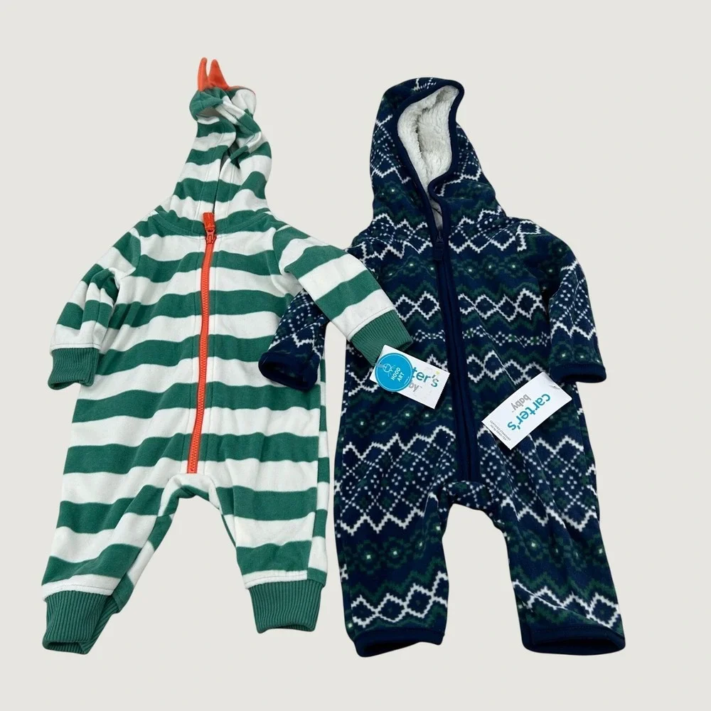 Carter's Fleece Jumpsuit Baby 3M Green Navy Striped Fair Isle Hooded Cozy Dino